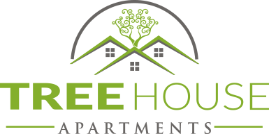 A logo for Treehouse Apartments features a green tree growing out of a house.